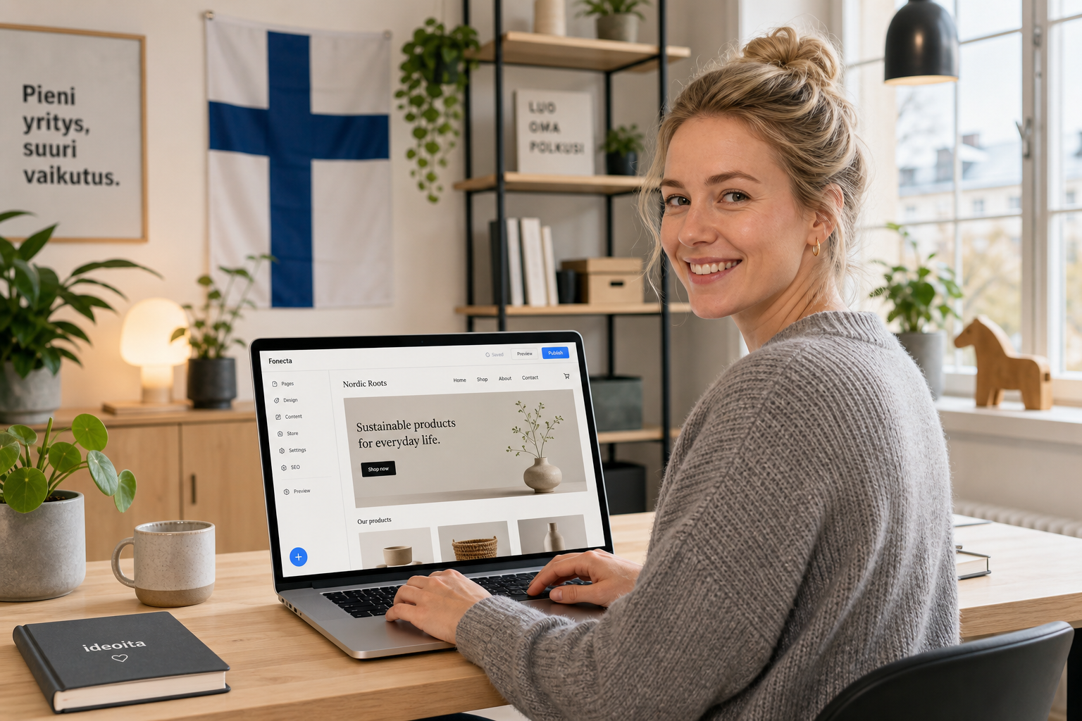Pienyrittäjä käyttää kannettavaa tietokonetta ja suunnittelee yrityksensä kotisivuja